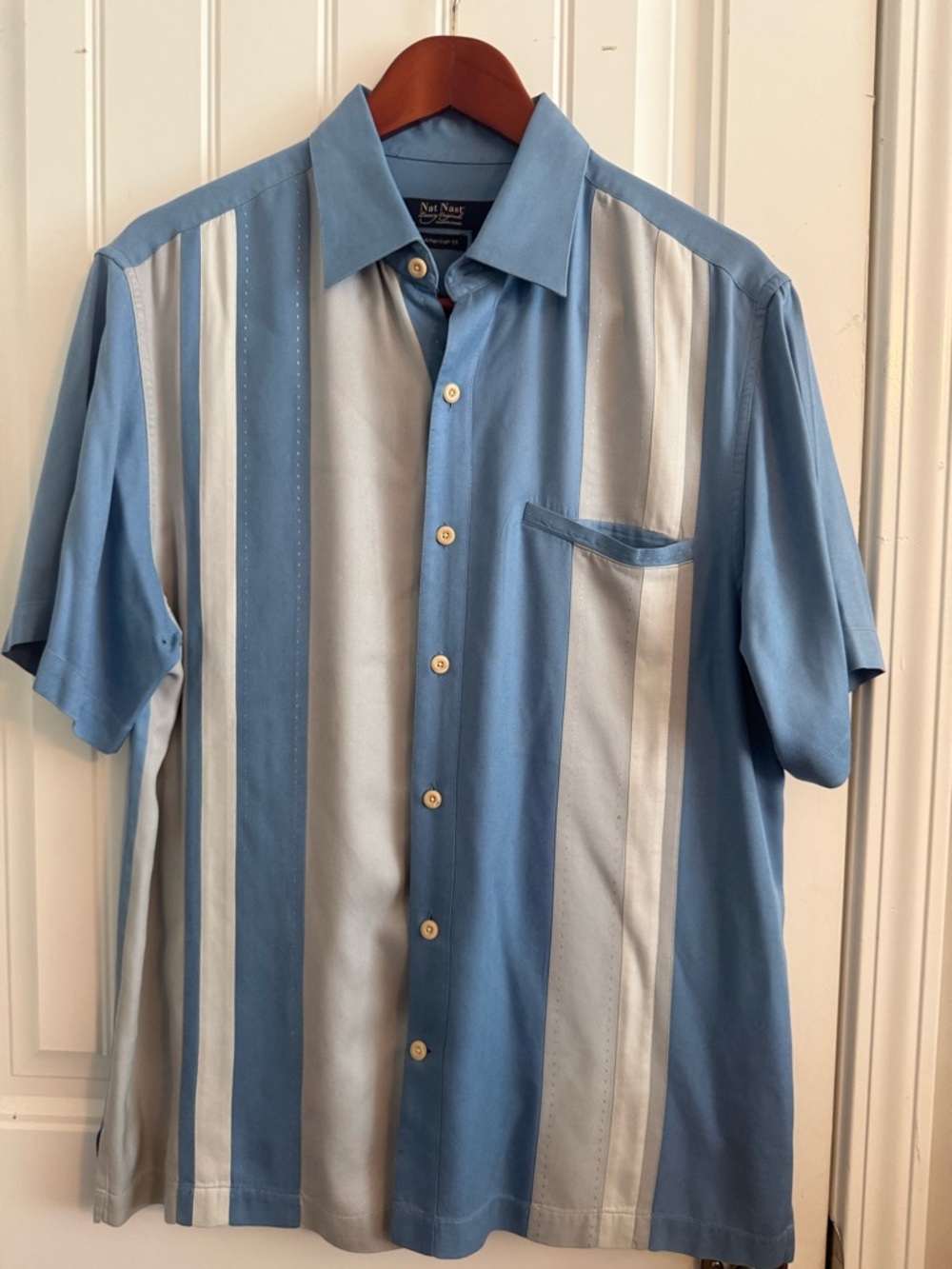 Nat Nast Light Blue & White Vertical Stripe Short Sleeve Button-Up 100% silk